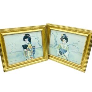 Set of 2 Watercolor Paintings Jacqueline Bordner Smith Japanese Geisha Framed